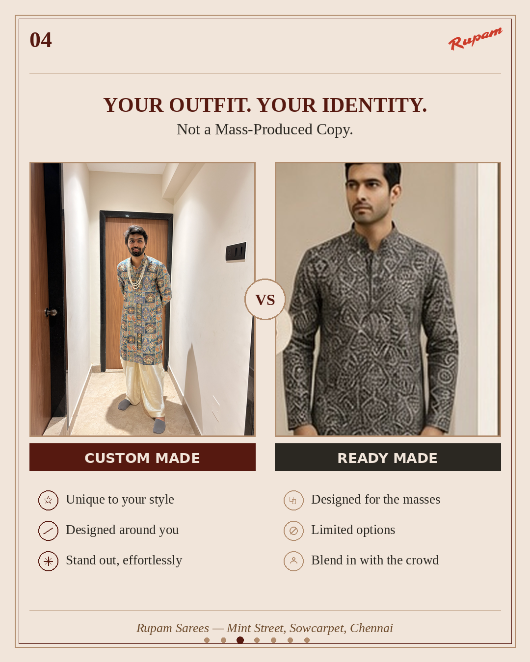 Unique custom outfit identity vs mass produced readymade design - Rupam Sarees