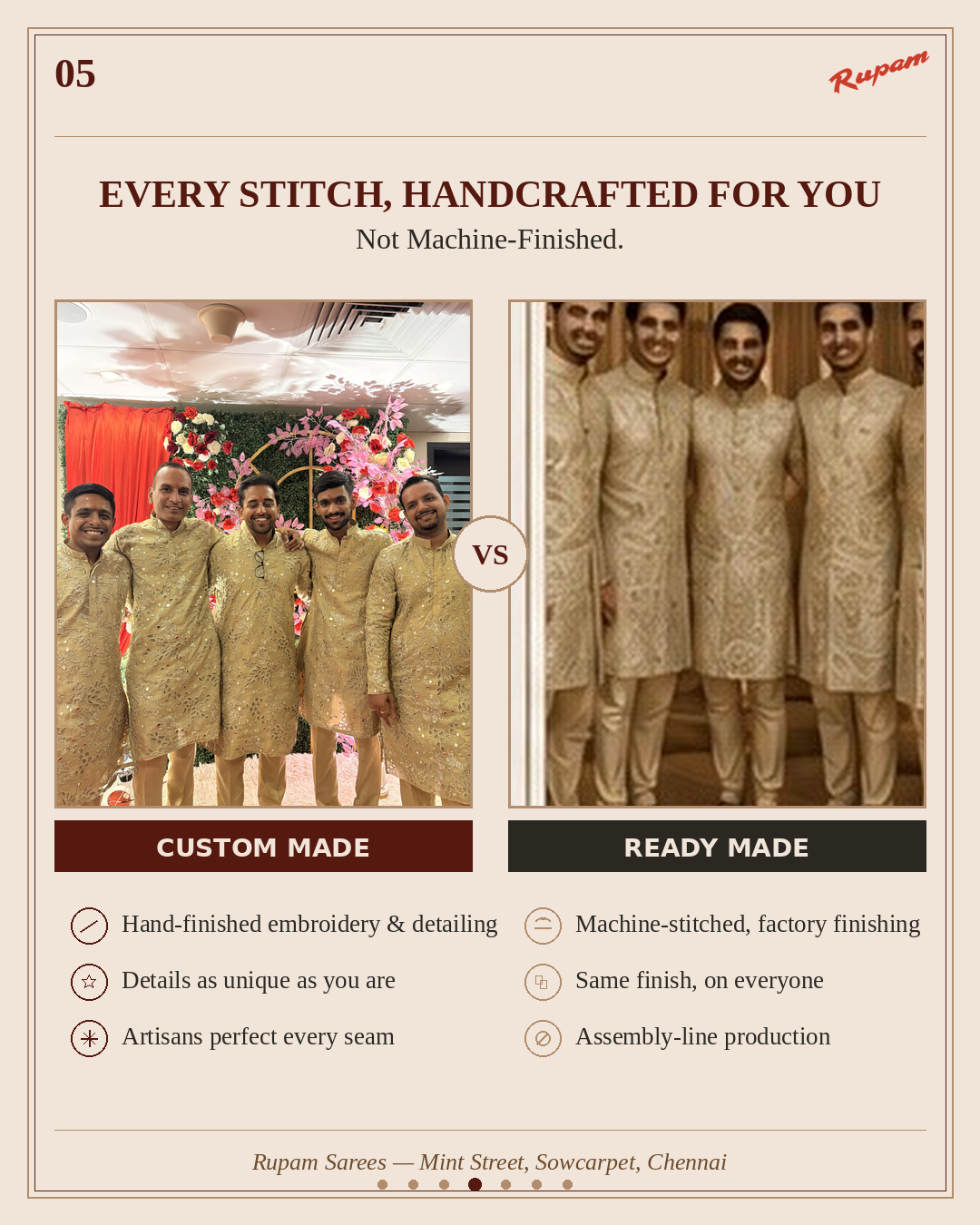 Hand finished embroidery custom made vs machine stitched readymade outfit