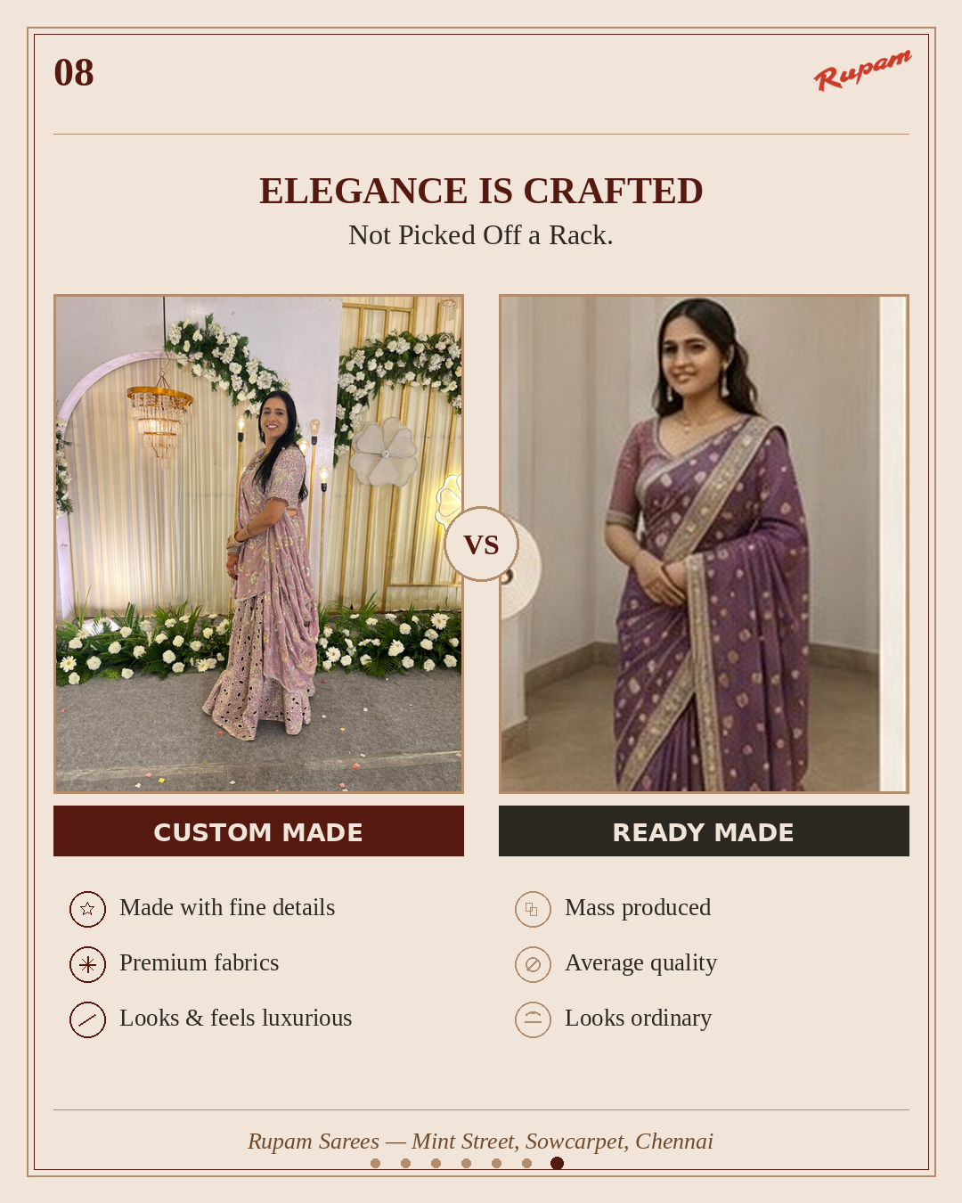 Elegant premium custom made saree vs average readymade saree - Rupam Sarees