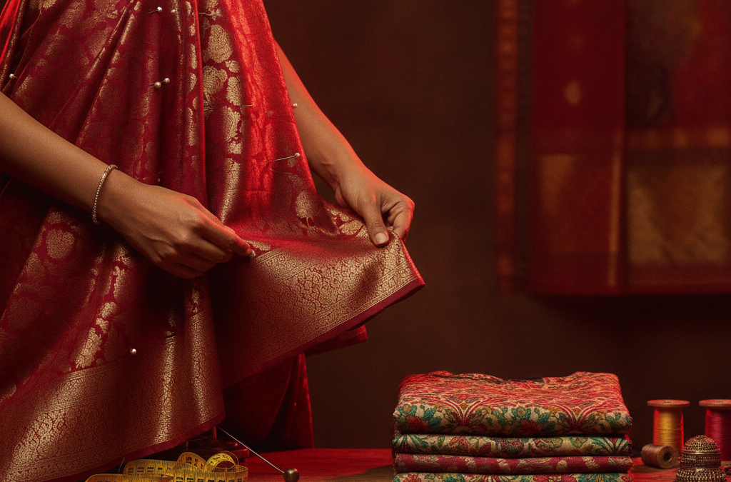 Custom-made vs ready-made clothing: tailor hand-finishing a zari-bordered silk lehenga on a work table, pins in place beside folded designer fabrics - Rupam Sarees, Chennai