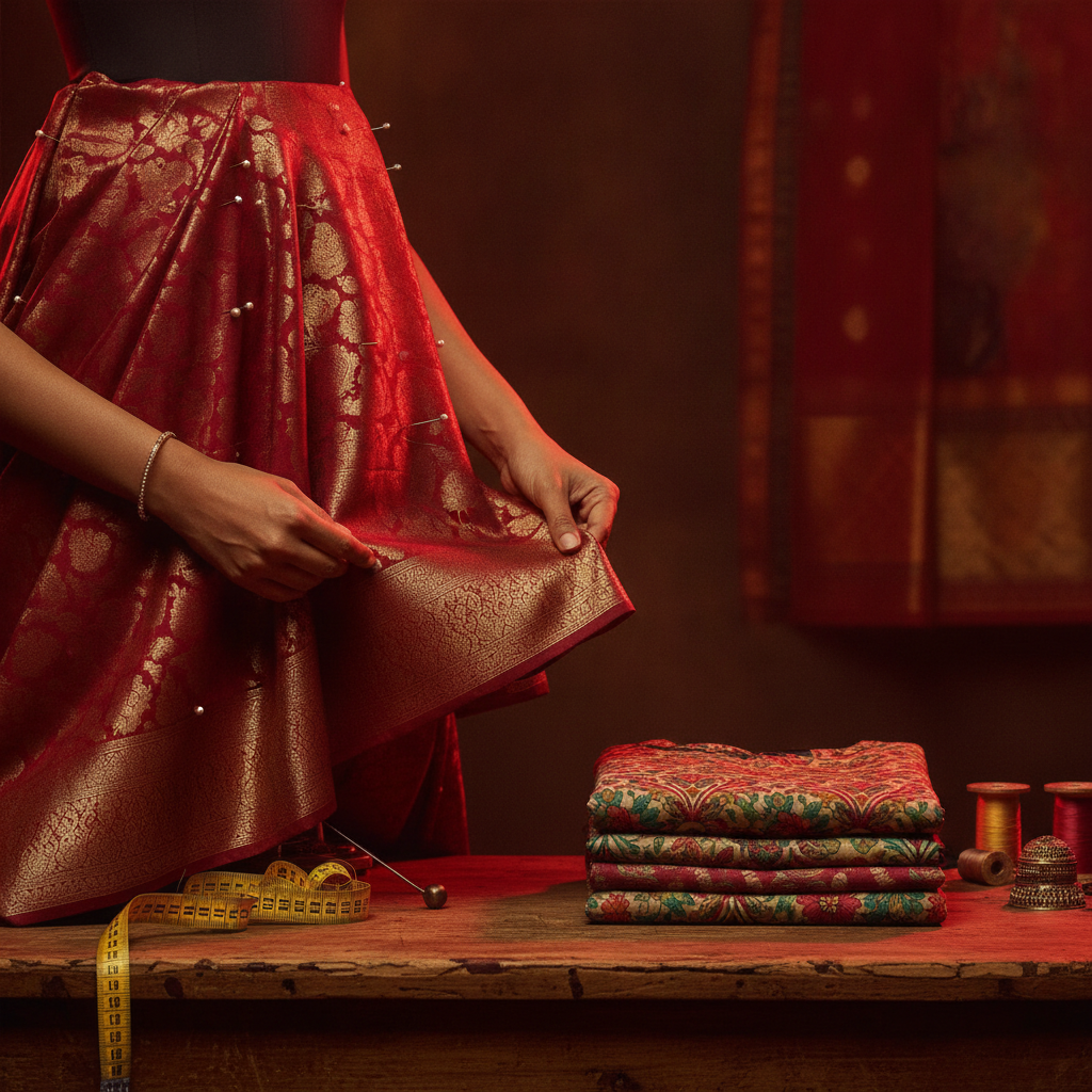 Custom-made vs ready-made clothing: tailor hand-finishing a zari-bordered silk lehenga on a work table, pins in place beside folded designer fabrics - Rupam Sarees, Chennai