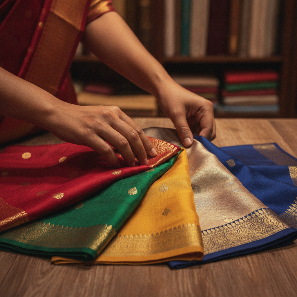Designer's hands selecting Banarasi silk and gaji silk fabric swatches with gold zari borders for a custom fabric commission - Rupam Sarees, Chennai