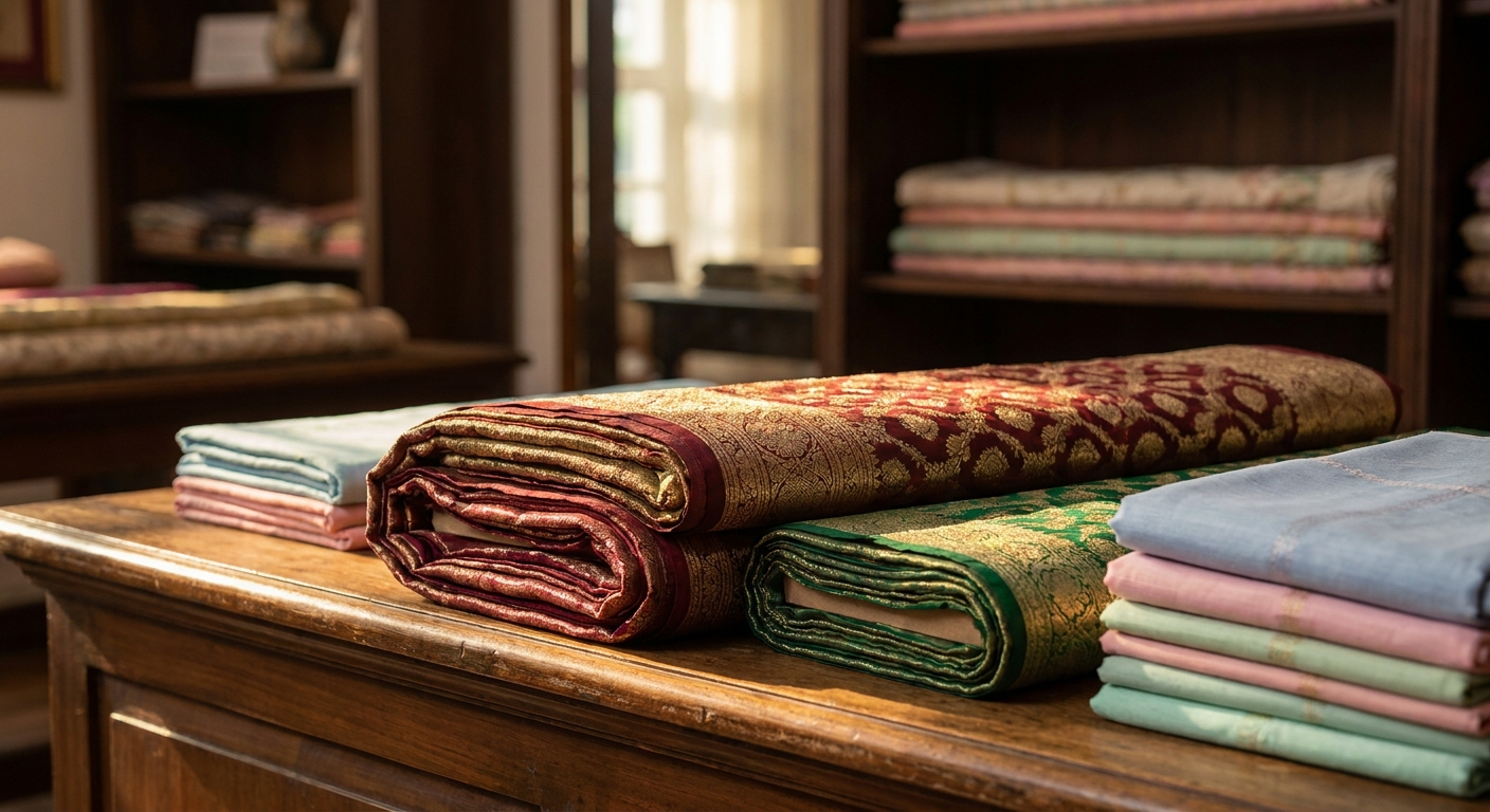 Choosing fabric for your boutique in Chennai - Banarasi silk and tissue bolts beside everyday cotton-silk fabric at Rupam Sarees