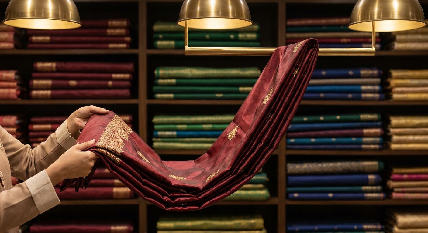 Checking fabric for your boutique by hand - a designer draping zari-embroidered silk at Rupam Sarees Chennai